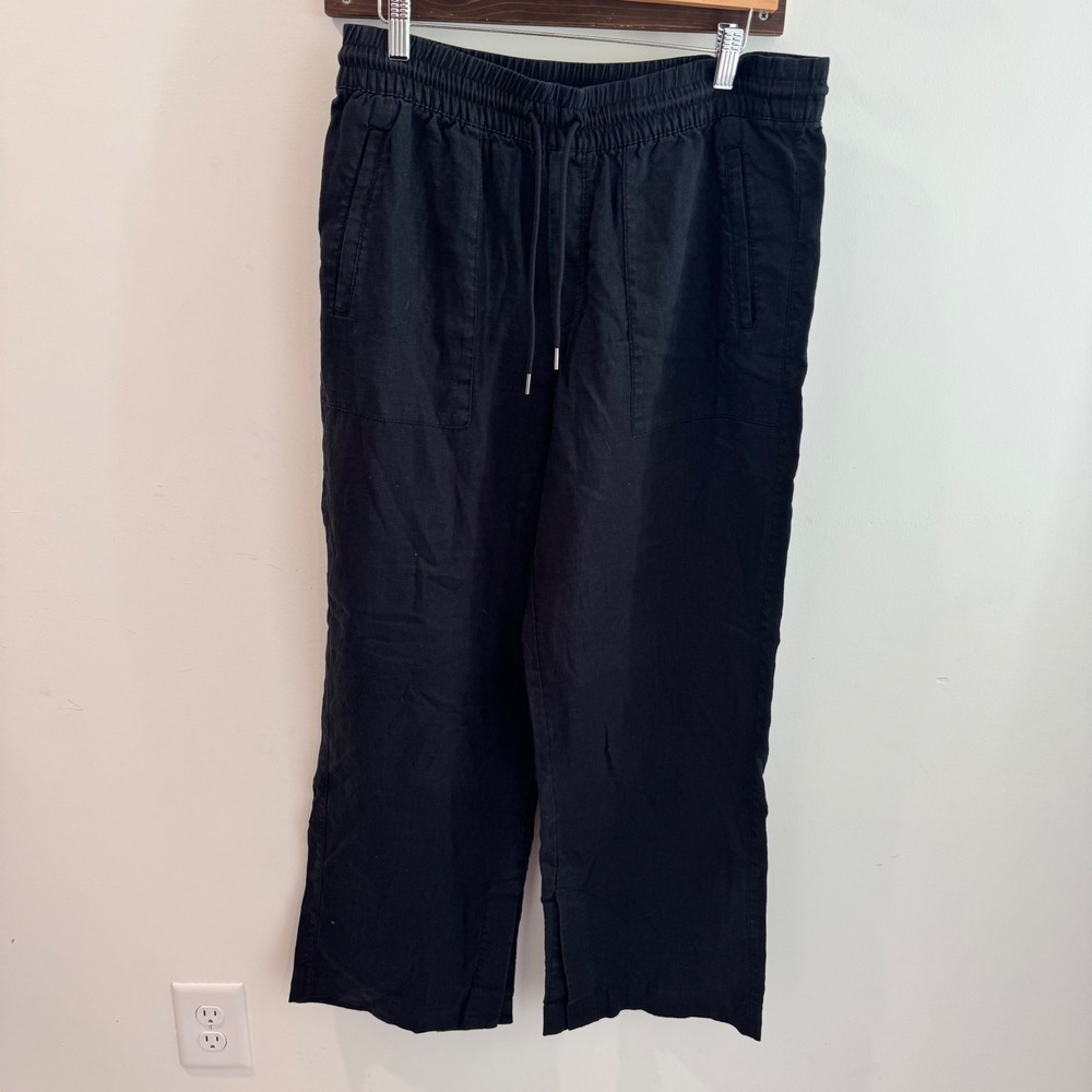 Athleta Cabo Linen Wide Leg Pants Black Drawstring Pockets Womens Medium